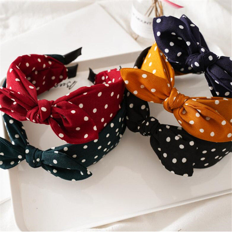 Vintage Dot Print Hair Band Rabbit Ear Knotted Headband For