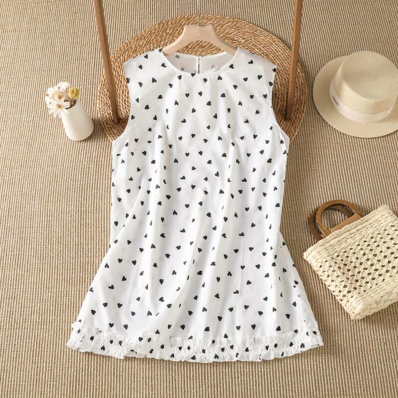 Chic and Unique Black Polka Dot Pure Cotton Sleeveless Shirt for Women, Summer Style with Ruffled Hem, Youthful Tank Top Chic and Unique Black Polka Dot Pure Cotton Sleeveless Shirt for Women, Summer Style with Ruffled Hem, Youthful Tank Top