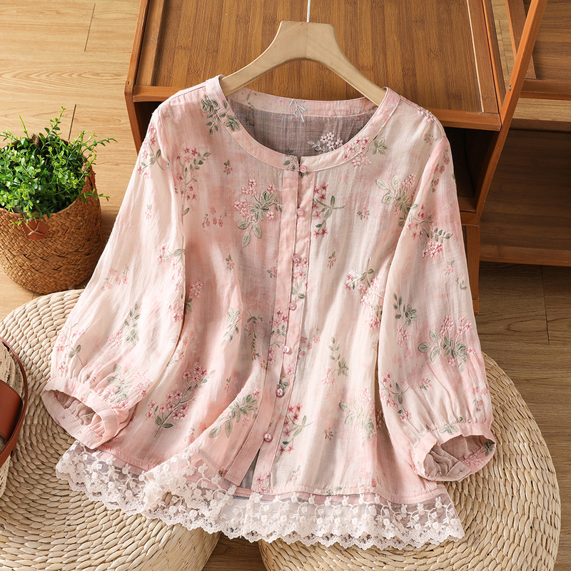 National Style Printed Linen Lace Embroidered Lace Shirt for Women, Summer Cardigan, Age-Reducing Top, Cotton and Linen, Very Beautiful Shirt