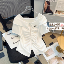 Designed double zipper right shoulder short-sleeved T-shirt for women summer 2024 new pleated card waist one-line collar off-shoulder top