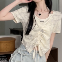 2024 summer holiday two-piece smudged short-sleeved womens plus size fat MM pleated short halter neck T-shirt chic sweet top