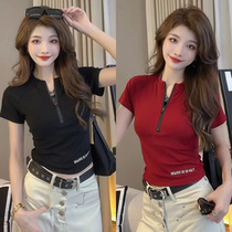 European niche half-zip slim-fit letter short-sleeved T-shirt for women 2024 summer fashionable and versatile slim short top