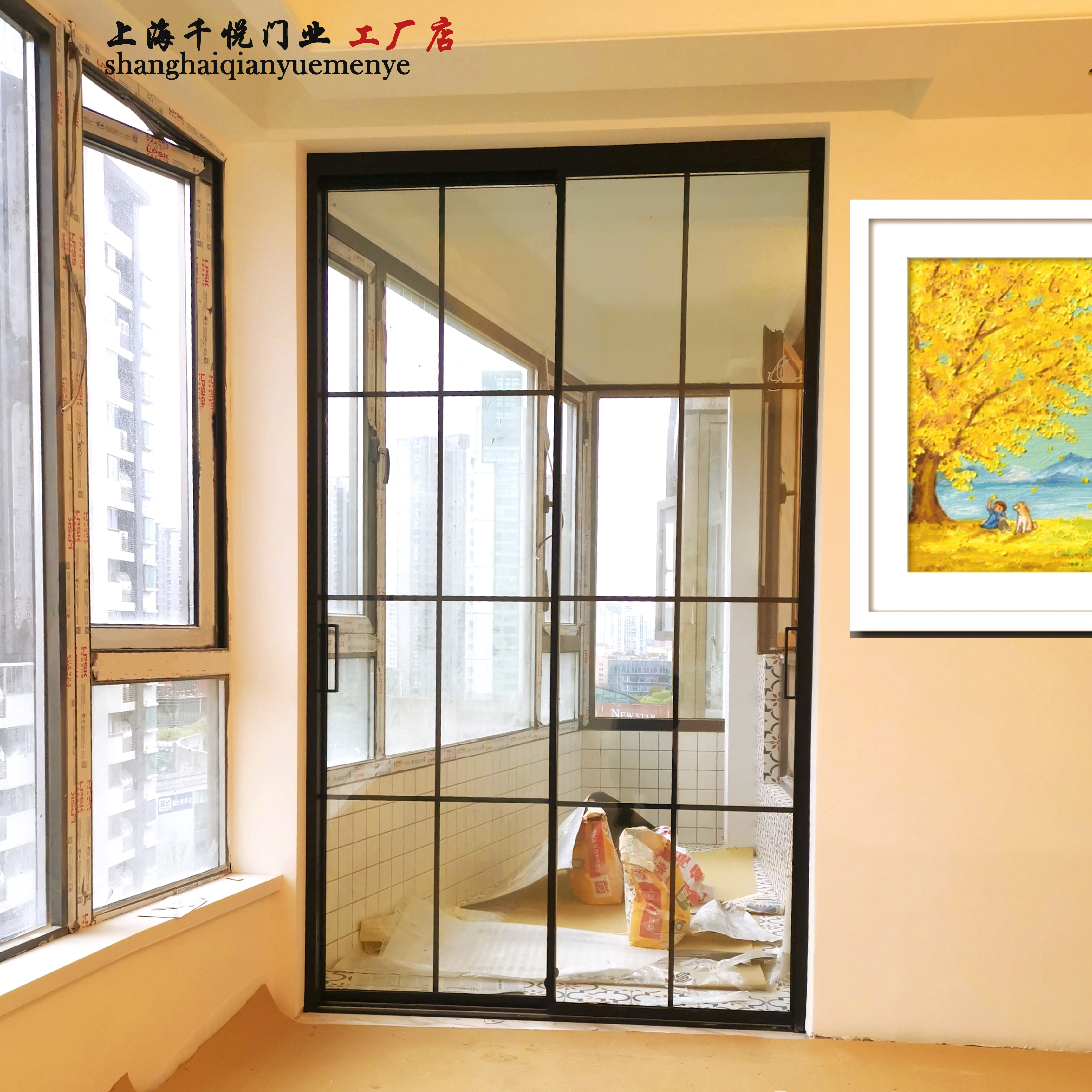 Shanghai hollow double glazed kitchen sliding door balcony living room extremely narrow black frame lattice three-linkage sliding door customization