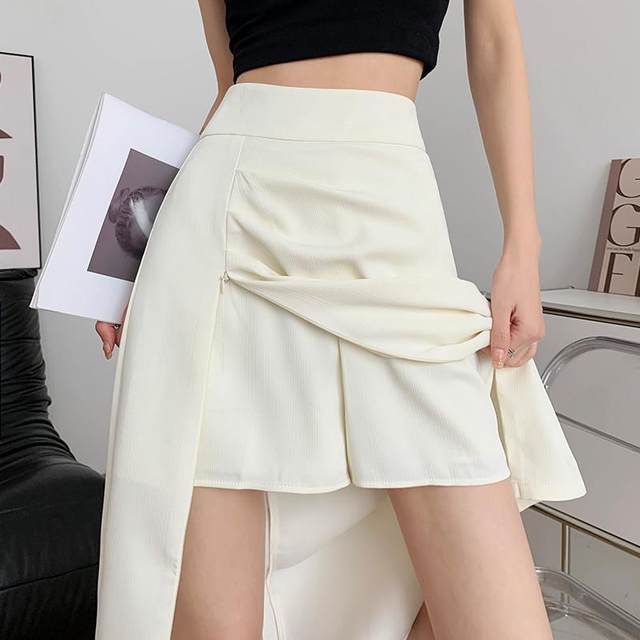 Pleated zipper slit skirt for women summer high-waisted irregular A-line skirt for small people Korean style versatile mid-length skirt