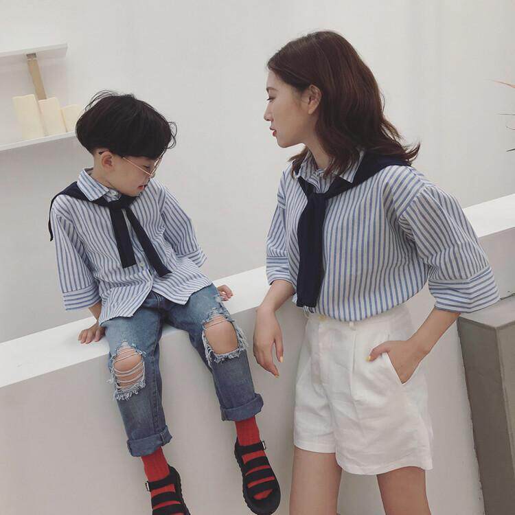 Grape Korean parent-child summer dress detachable navy collar vertical striped shirt trendy loose mother-child dress