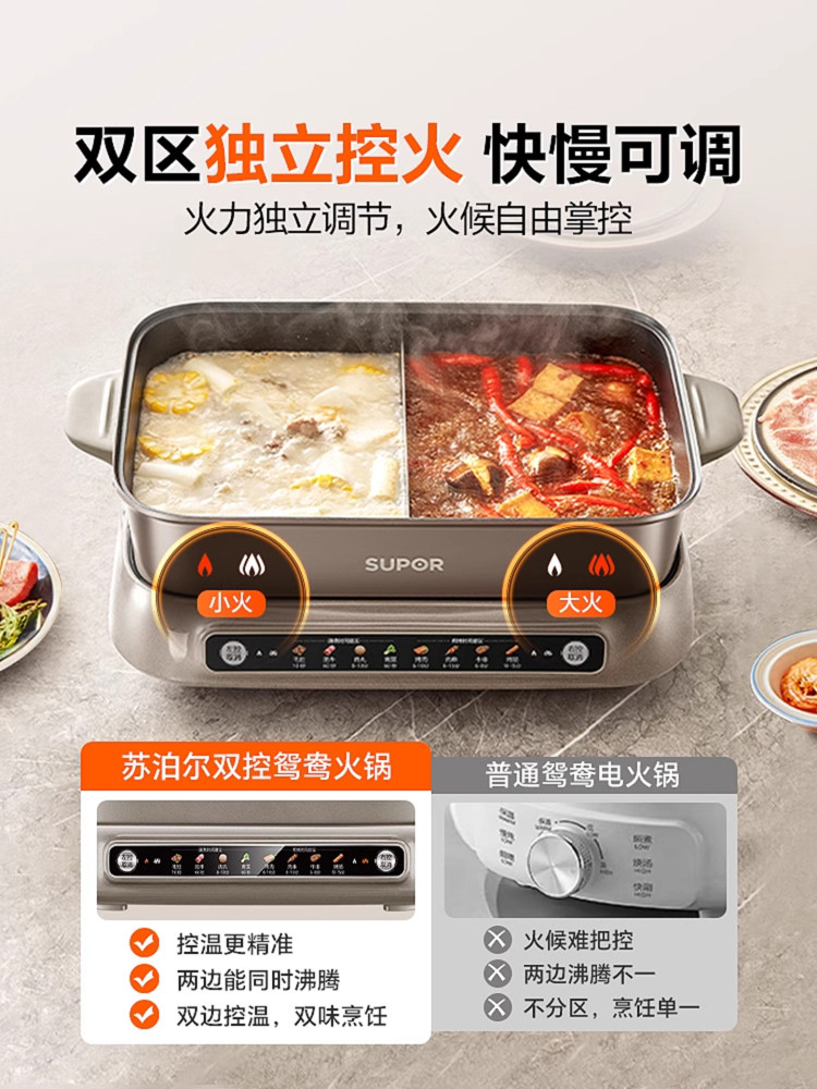 Supor Yuanyang Pot Hot Pot for Home Use, New Model 7L Large Capacity Electric Hot Pot, Multifunctional Grilling, Detachable Integrated Hot Pot