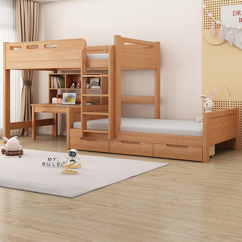 Oak Wood Bunk Bed, Solid Wood Loft Bed, Two-Tier Staggered Bunk Bed, Wooden Bed with Desk Below, Multifunctional Parent-Child Bed