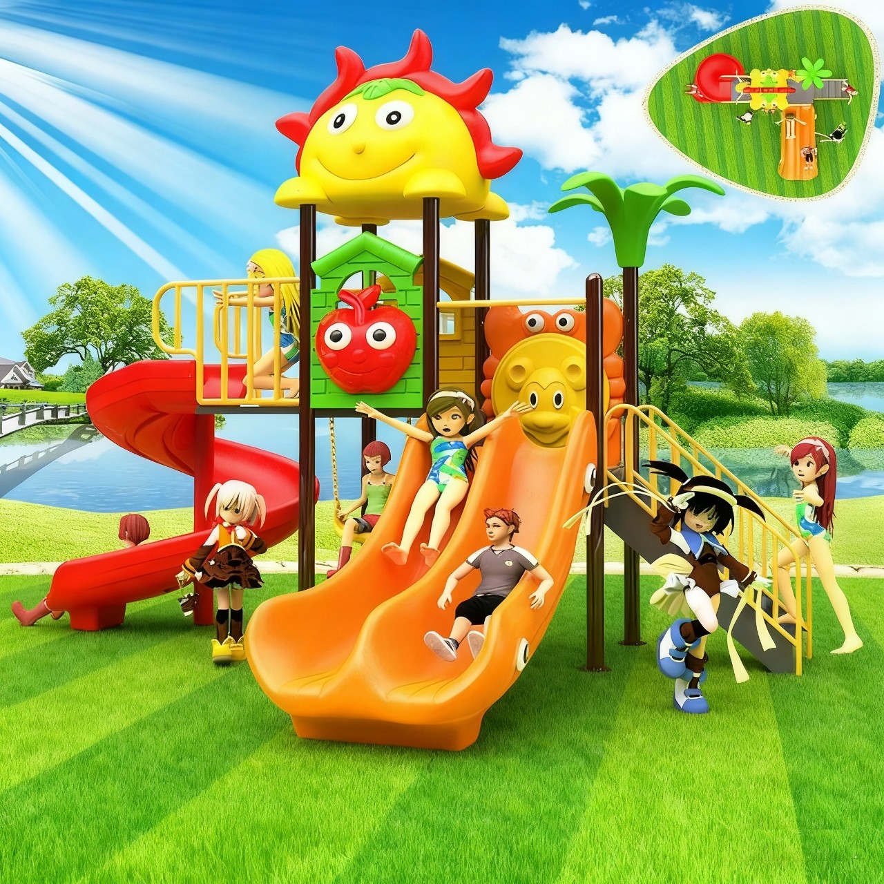 幼稚園、住宅地、広場、公園、家庭用などに適した、屋外用子供用滑り台、大型屋外遊具。