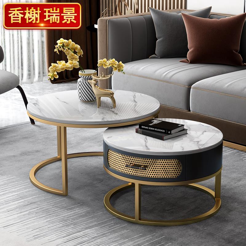Nordic light luxury round rock slab coffee table TV cabinet combination marble simple modern living room home small apartment table