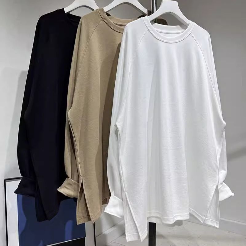 Extra Large Size European Style T-Shirt with Slits on Both Sides of the Hem, Unisex, Mid-Length, Solid Color, Round Neck Top for Autumn
