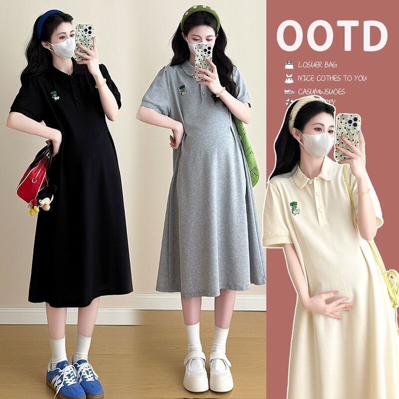 Maternity Dress Summer 2026 New Fashion Korean Style Loose Belly-Covering Mid-Length Dress Summer Maternity Dress Petite Size