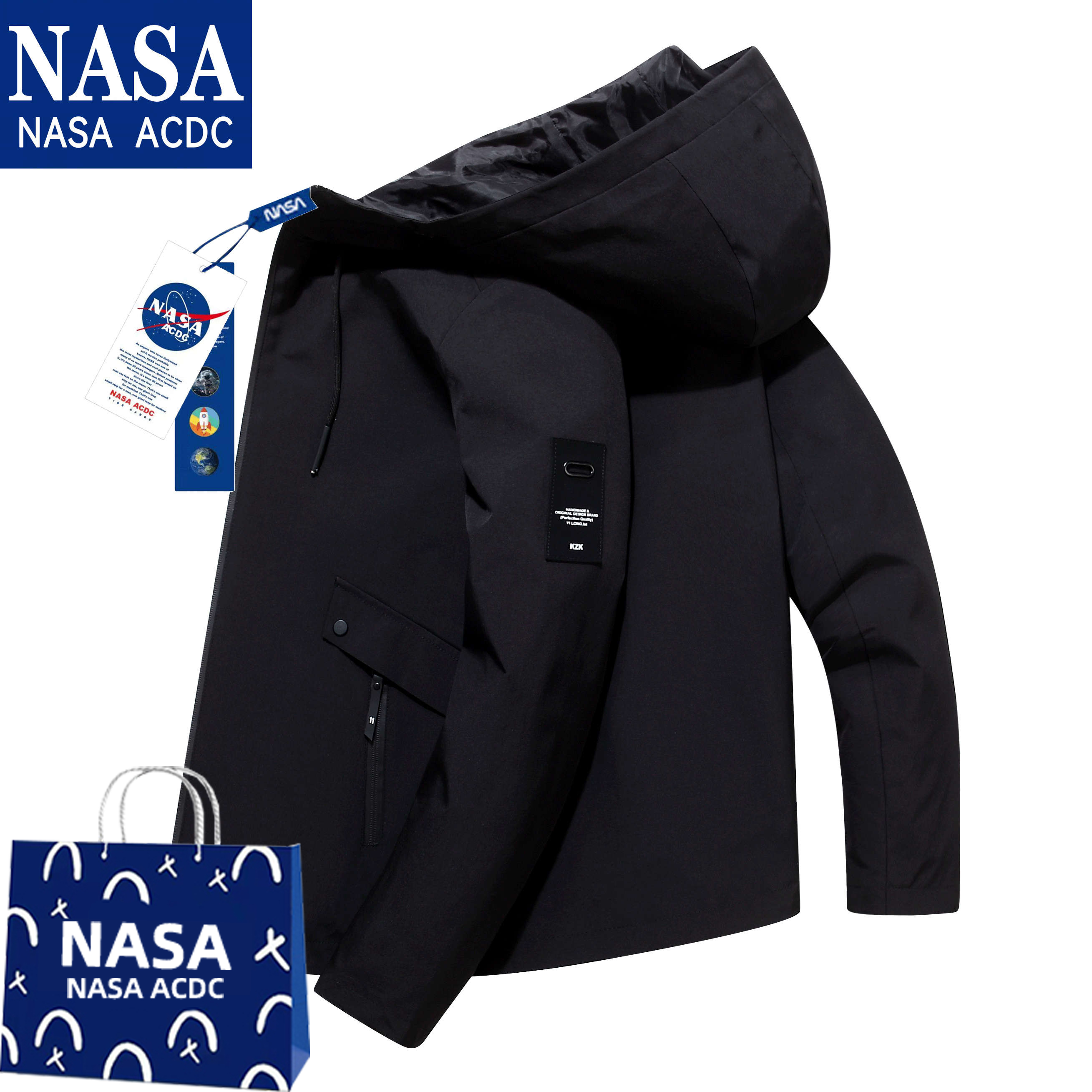 NASA联名秋季夹克男士连帽休闲冲锋衣潮流时尚防风工装外套男春秋