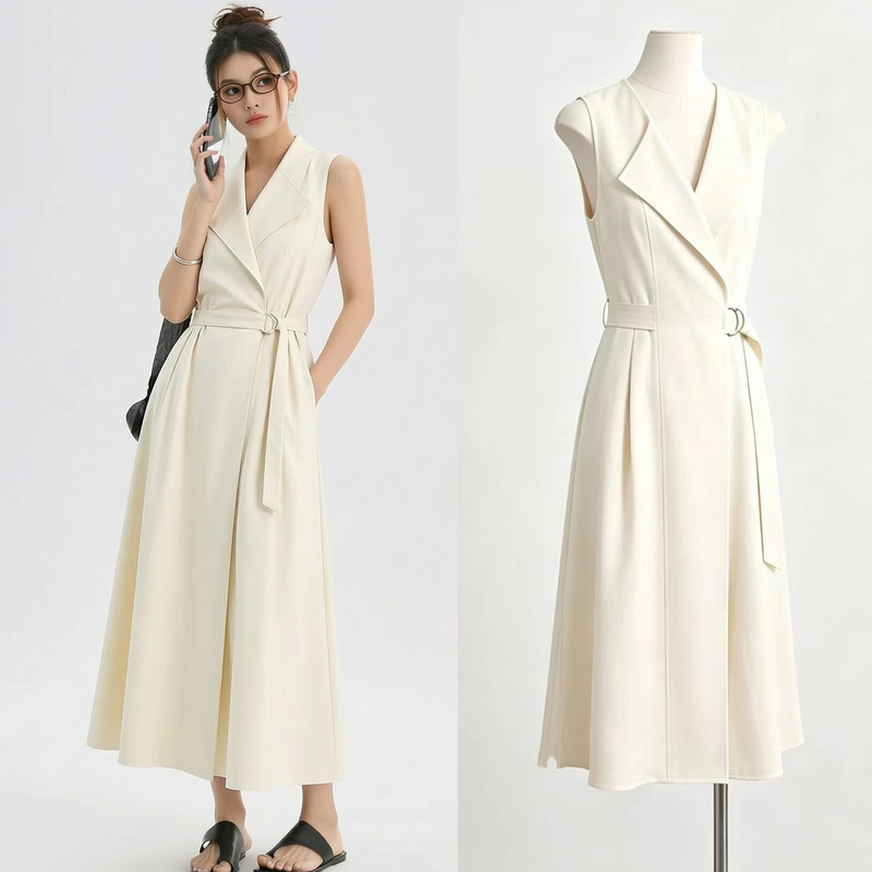 Hao Cun's Same Style Sleeveless Blazer Vest Dress for Women, Summer High-End Waist-Cinching Tie Mid-Length V-Neck Long Dress