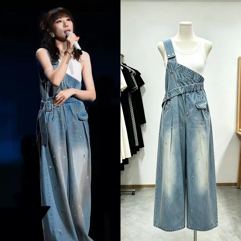 Ren Suxi Style One-Shoulder Denim Overalls for Women, Autumn High-Waisted Loose Wide-Leg Vintage Washed Jumpsuit Long Pants