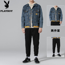 Playboy denim coat men 2021 Spring and Autumn new trend tooling jacket suit men handsome two-piece set