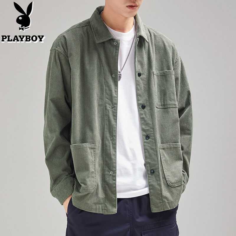 Playboy Waffle Shirt Men's Long-Sleeved Spring and Autumn Corduroy Trendy Casual Shirt Autumn High-End Jacket