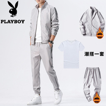 Playboy mens casual suit autumn and winter plus velvet padded clothes with handsome fashion three-piece set