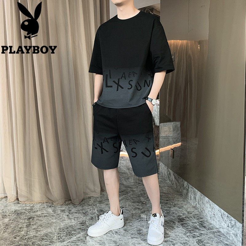 Flower Playboy asymptotic color Short sleeves t Men Summer Suit Trendy High-end Fashion Ice Silk Casual Clothes