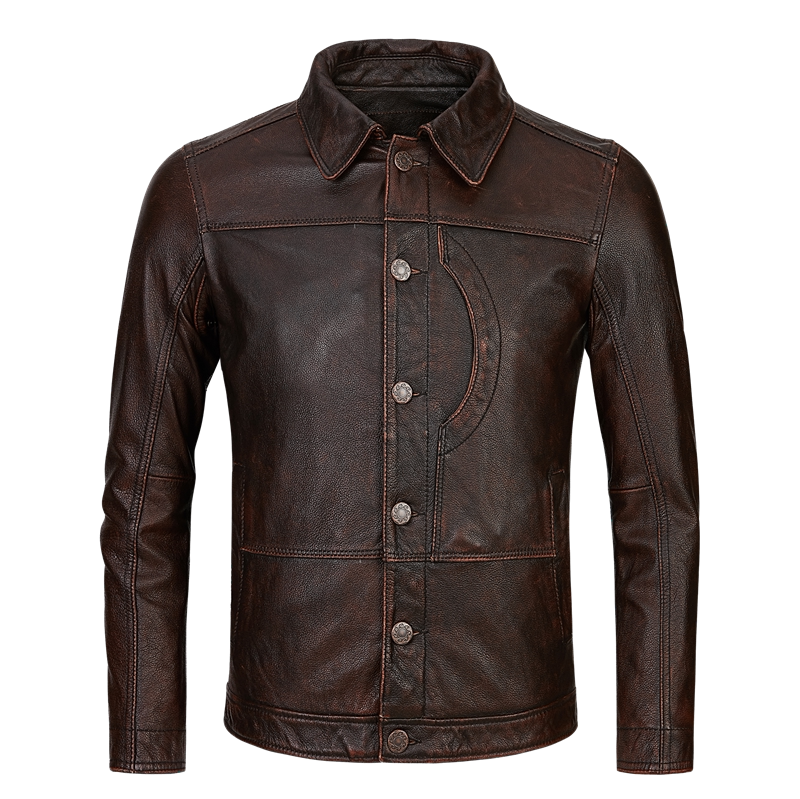 Henning genuine leather leather clothing male head layer of cow leather retro to make old self-repairing short-turned-collar locomotive men's leather jacket jacket