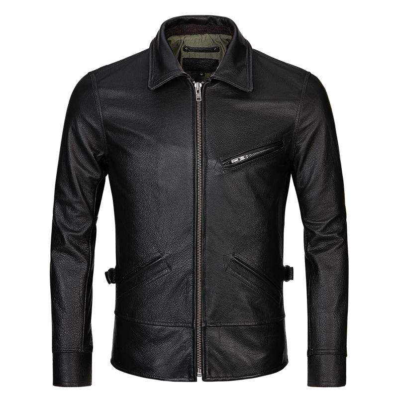 Fall New Head Layer Cow Leather Casual Leather Jacket Man Style Short stand Bull Leather Leather Leather Coat Machine Racing Suit