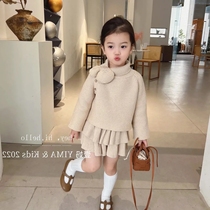 Korean version of childrens clothing girls suit autumn and winter models solid color high-necked sweater lotus leaf half skirt western style warm two-piece set tide