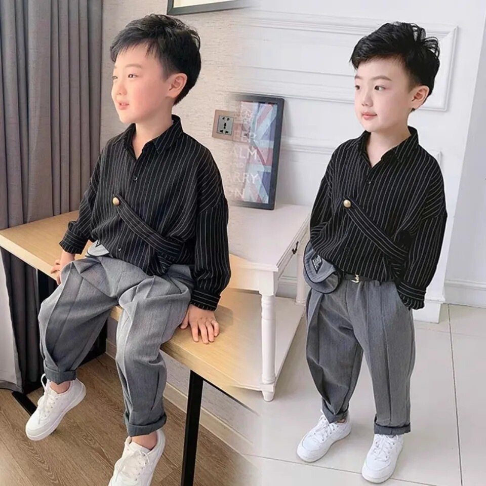 Boys suit 2023 spring new children's striped shirt handsome suit pants two-piece children's clothing