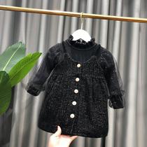 Girl Suit 2022 Spring Autumn New Gushed Light Core Suede Princess Dress Knit Bubble Cuff Undershirt Two Sets Ebb