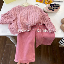Childrens Clothes 2023 Spring Girls Kindly Kindly - gas knitting sweater pink pants two pieces of tide