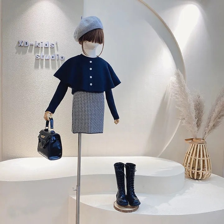Children's clothing 2022 autumn and winter new girls Ou Faner foreign style cape-style stretch knit sweater bag skirt two-piece suit