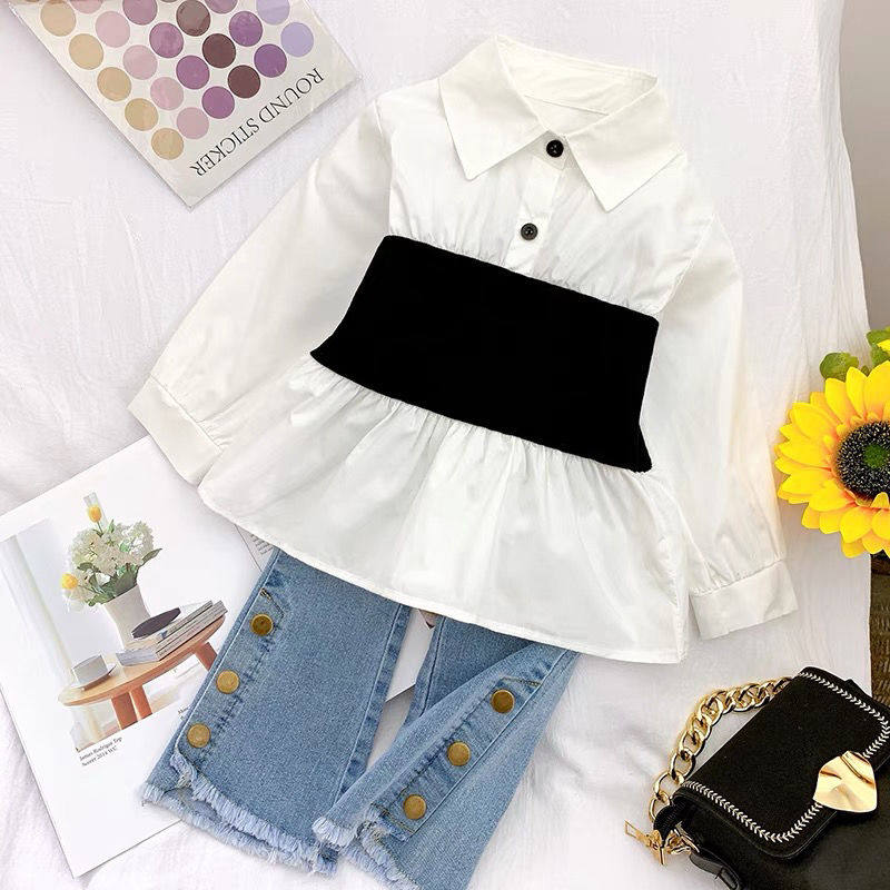 2022 spring and autumn new children's small fragrance suit girls stitching shirt baby fashionable temperament two-piece suit tide