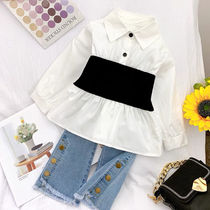 2022 Spring Autumn New Childrens Small Balsamic Wind Suit Girl Splicing Shirt Baby Trendy Temperament Two Suits Tide
