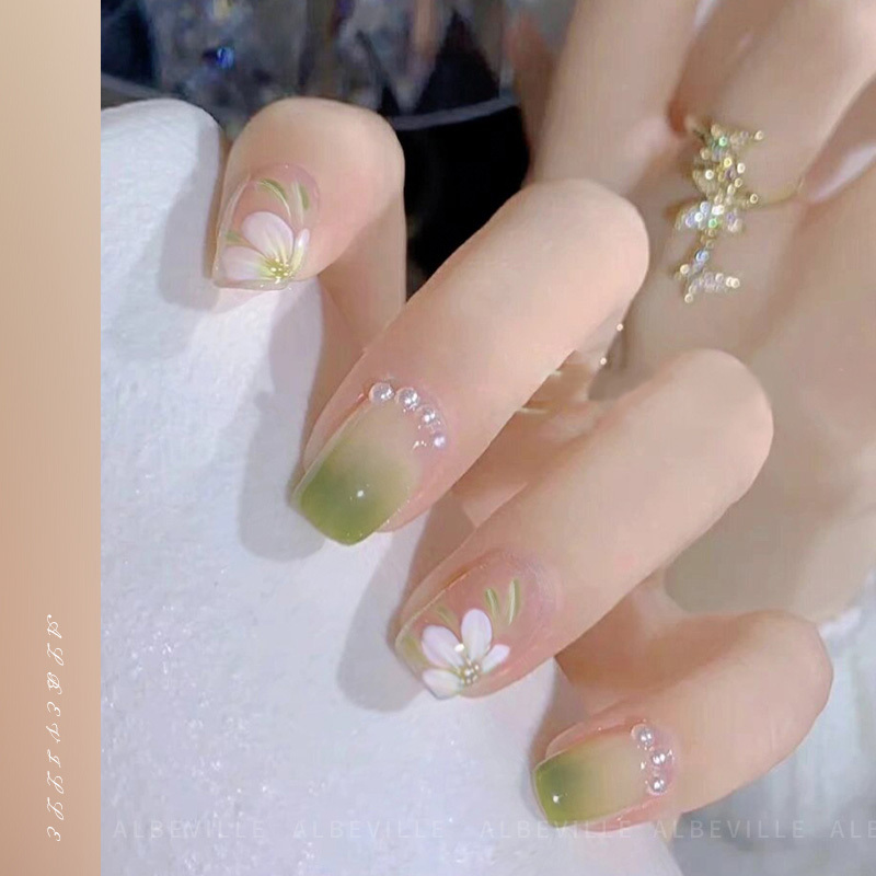 Green Gradient Fresh Camellia Wearable Nails Short Style Finished Product High-End 2026 New Spring Nail Stickers Green Gradient Fresh Camellia Wearable Nails Short Style Finished Product High-End 2026 New Spring Nail Stickers