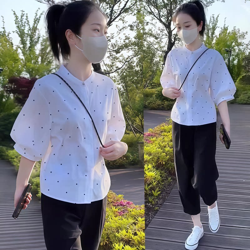 时尚休闲套装女2026夏季新款宽松韩版小众白色波点衬衫长裤两件套