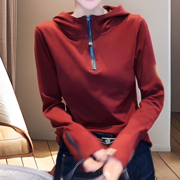 Half-Zip Hooded Long-Sleeved T-Shirt for Women 2026 Autumn New Loose Design Jacket Base Shirt Pure Cotton Top