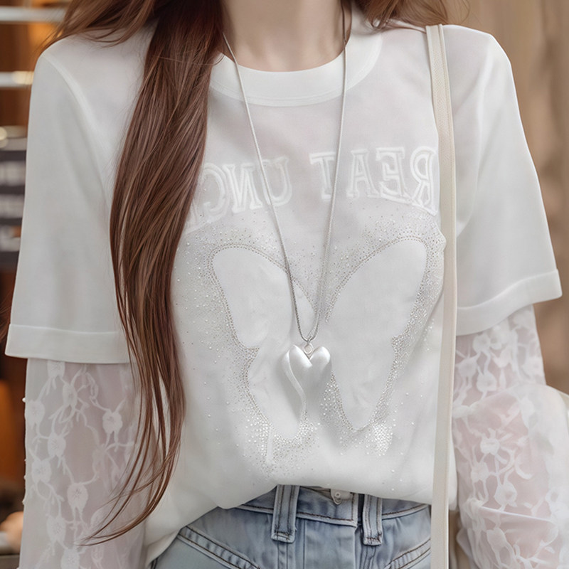重工蝴蝶烫钻假两件防晒长袖T恤女2026夏季新款薄款宽松洋气上衣