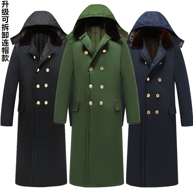 Detachable Cotton Hat Military Green Coat for Men and Women, Winter Thickened Long Style, Labor Protection, Cold Storage Work, Cold-Proof Cotton Clothing