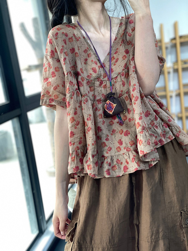 Clearance Sale at Foreign Trade Outlet: Printed, Waist-Cinching, Loose-Fitting Babydoll Shirt, Sweet and Lightweight Ramie Shirt for Women
