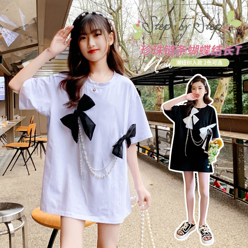 Girl short sleeve T-shirt with long summer dress 2023 new trendy ocean gas butterfly knot large child pure cotton half sleeve blouse