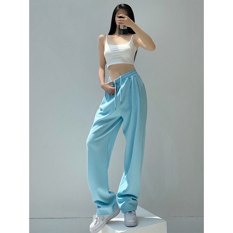 Women's Baby Blue Loose High-Waisted Jogger Pants with Drawstring, Spring and Autumn Style, Casual Slimming Straight-Leg Sweatpants ins Trendy