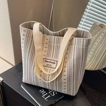 Women's Bag 2025 Canvas Bag Fashionable Striped Handbag Shoulder Bag for Women Class Tote Commuter School Bag