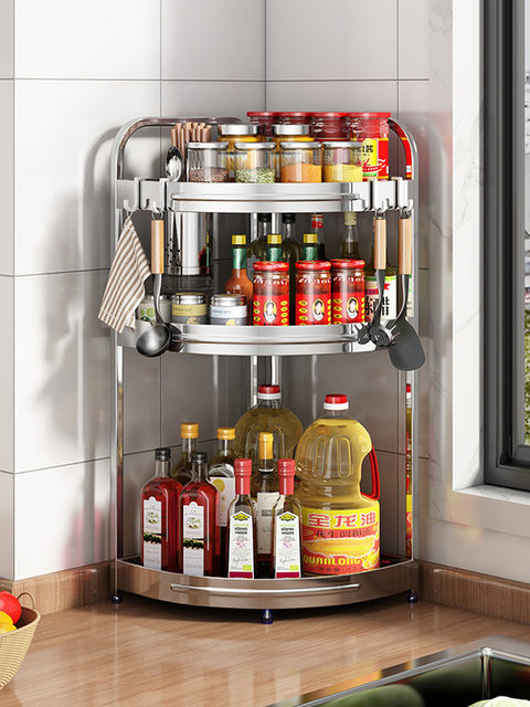 Stainless steel kitchen corner storage rack oil, salt, sauce, vinegar tripod, seasoning supplies, wall corner storage knife holder