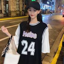 Students sports jersey loose middle - long - piece fake two short - sleeve T - shirt woman summer Han Edition 2021 new model