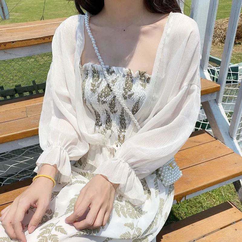 Summer outer wear small shawl chiffon shirt with suspender skirt short sun protection clothing female cardigan top thin coat female