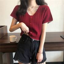 Summer new t-shirt girl ice wire short sleeve V-collar coat repair slim high waist short small niche girl tide