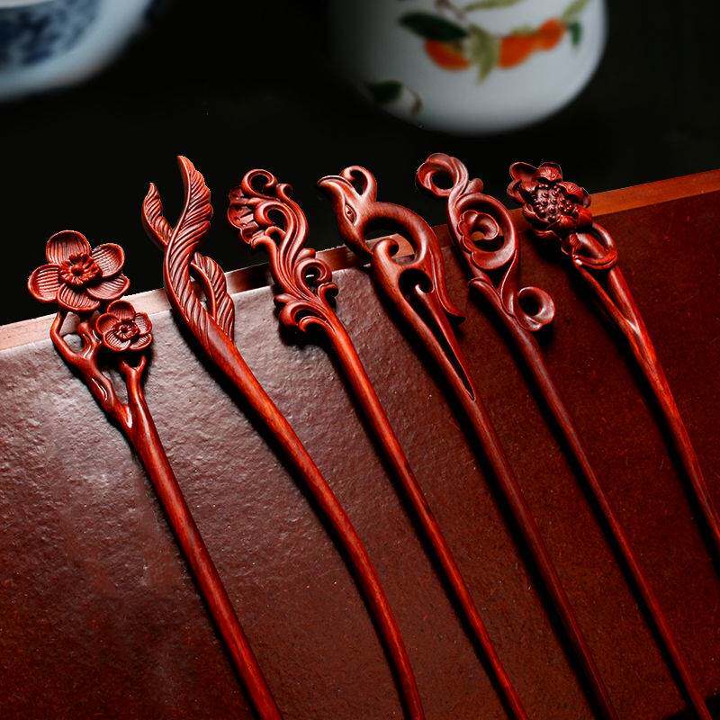 Red Sandalwood Hairpin Handmade Polished Lettering with Hairpin Hairpin Hairpin Ancient Wind Classical China Wind Palace Tints Sandalwood Accessories Peach and Peach Wood