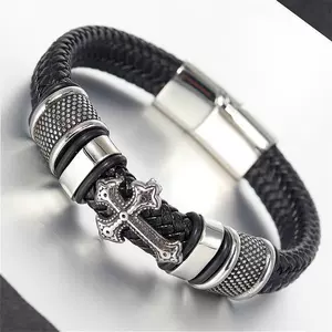 [Hand-Woven Leather Magnetic Clasp Charm Cross Wrap Bracelet]