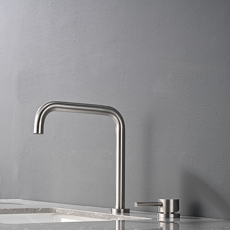 German Brushed Nickel Silver Bathroom Split-Type Dual-Hole Faucet, Washbasin Swivel Brushed Gold Basin Faucet