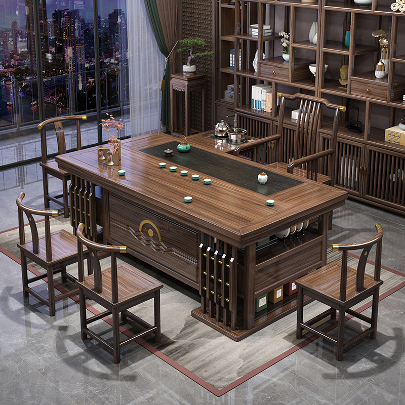 Solid Wood Tea Table and Chair Set, New Chinese Style Office Tea Table and Tea Set, Home Use One Table and Five Chairs, Kung Fu Tea Making Table