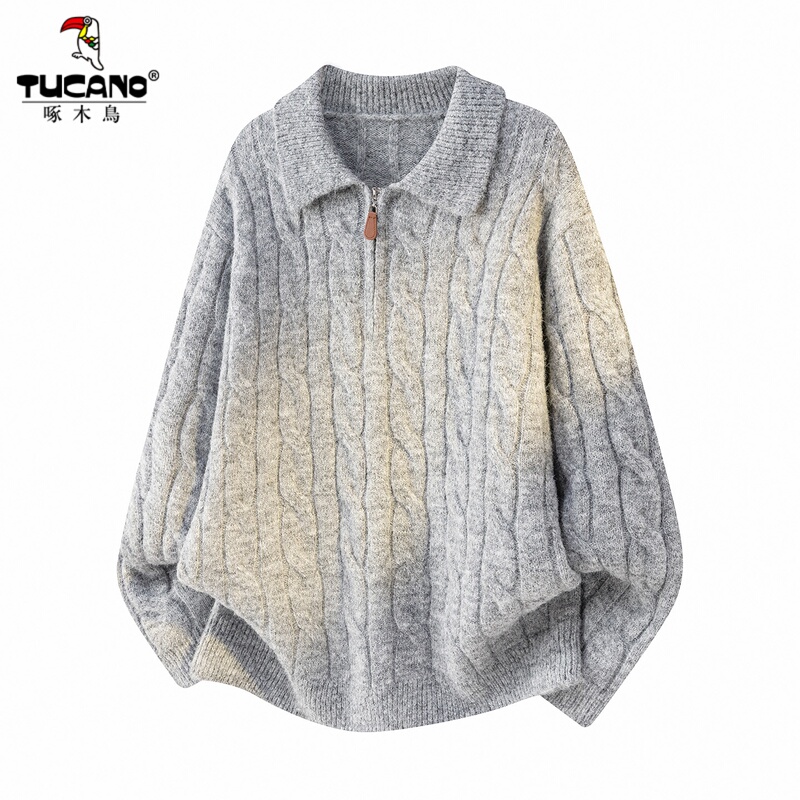 Woodpecker Lazy Style Polo Collar Half-Zip Retro Cable Knit Sweater for Men 2026 Loose Gray High-End Feel