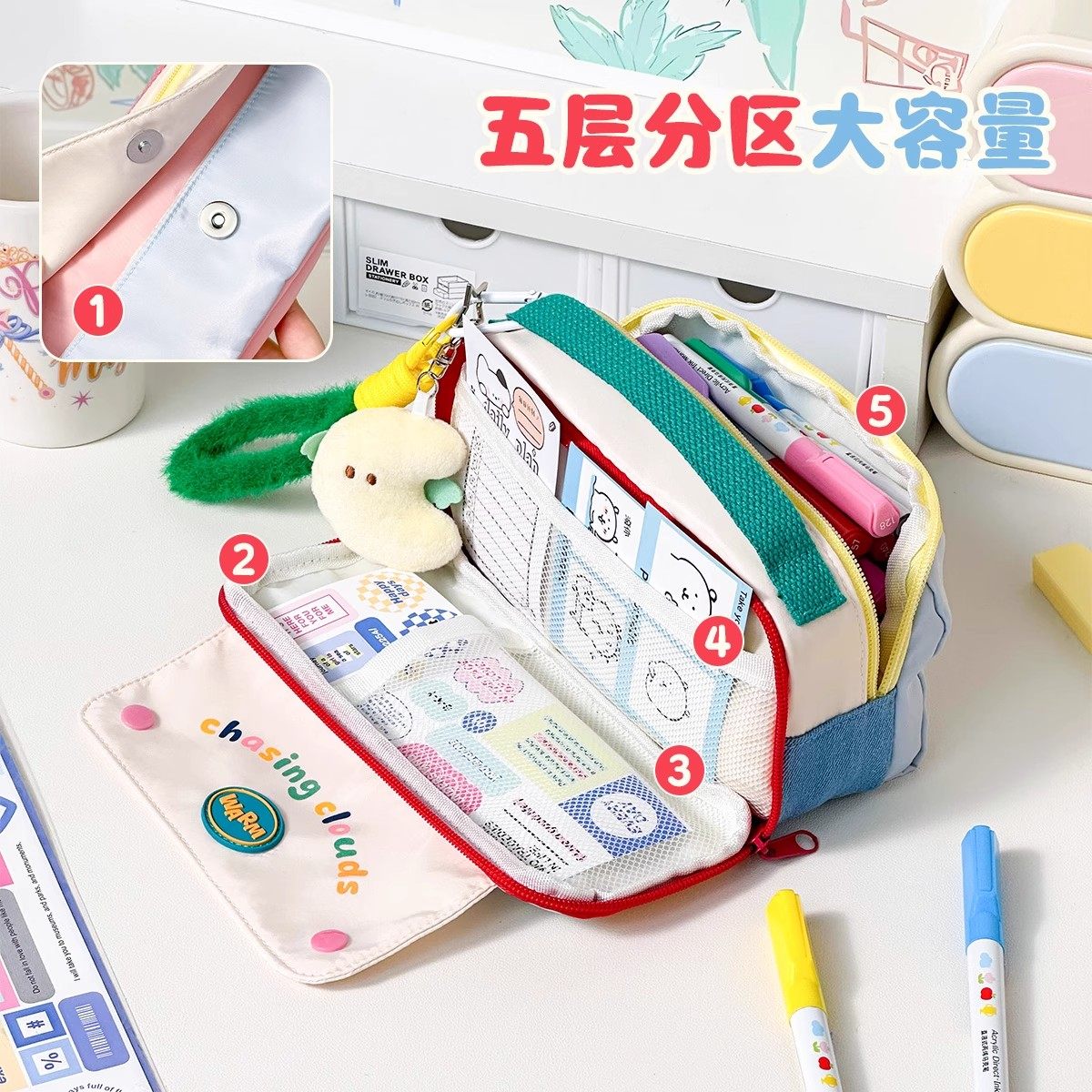 Dopamine Color-Blocking Pencil Case Enhances Appearance, Trendy Stationery Box for Girls, Niche Large-Capacity Pencil Case for Elementary School Students